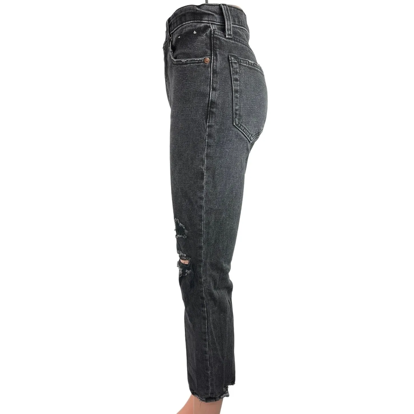 Abercrombie & Fitch Black Denim High Rise Distressed Ankle Straight Mom Jeans XS