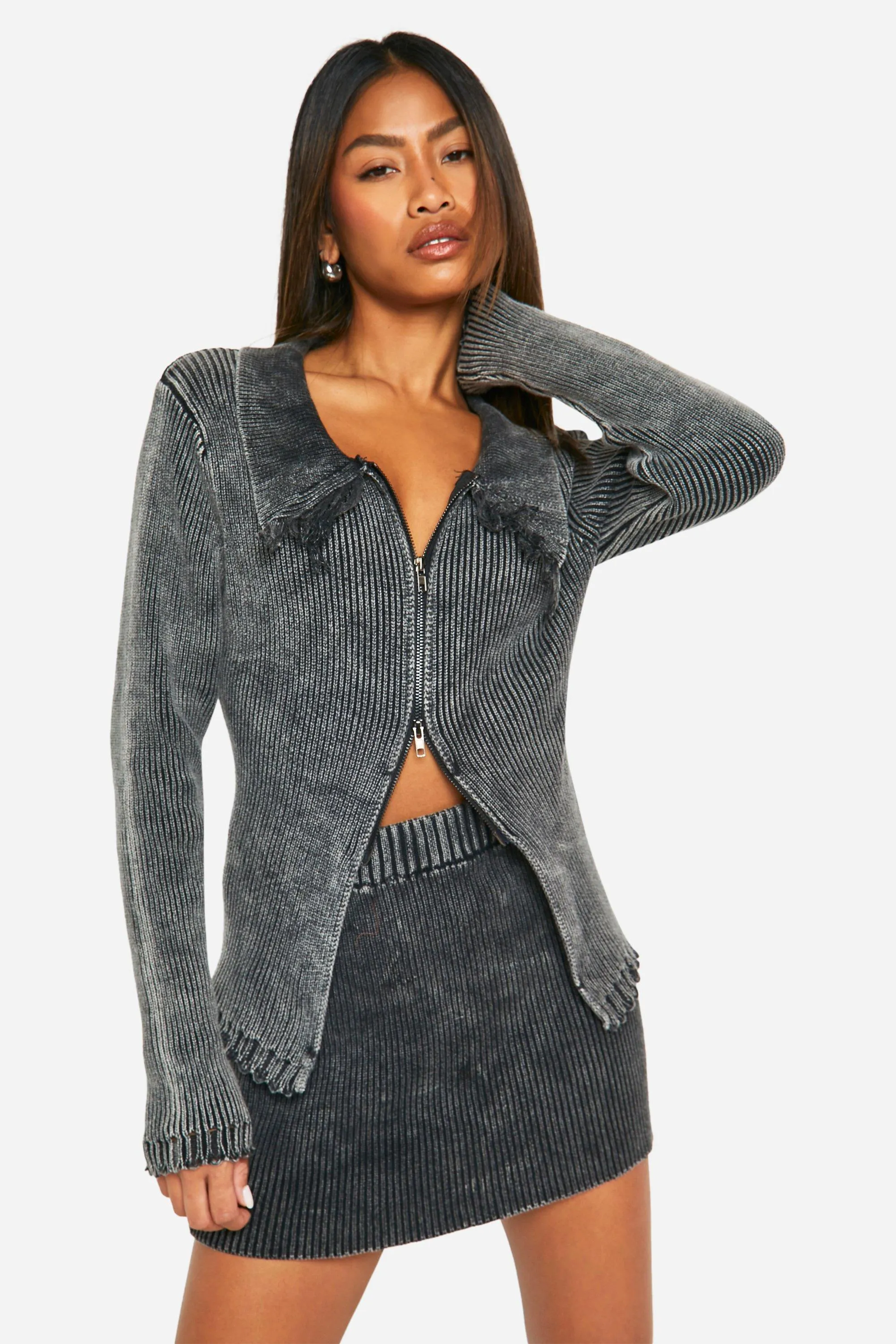 Acid Wash Double Zip Polo Collar Rib Cardigan