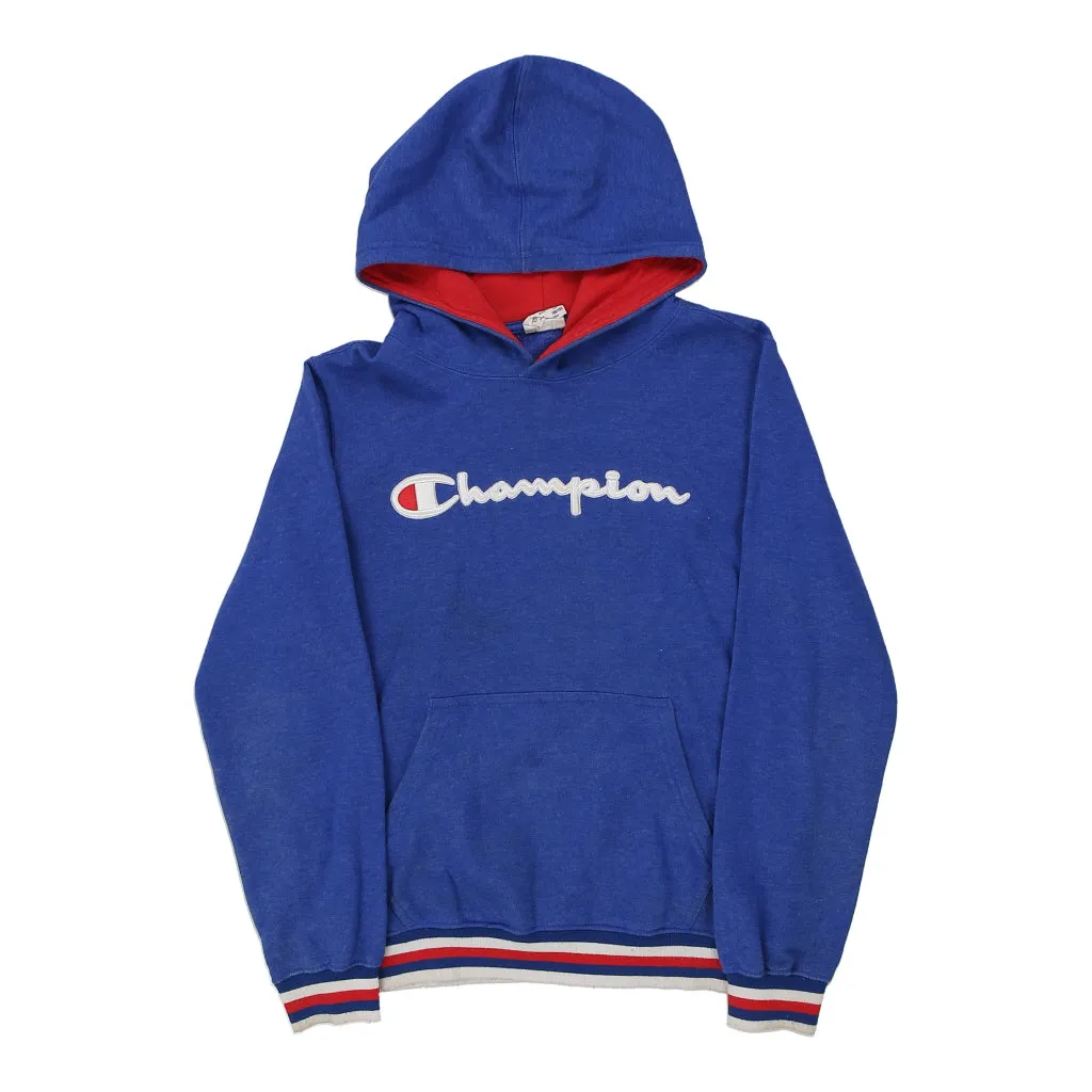 Age 11-12 Champion Spellout Hoodie - Medium Blue Cotton Blend