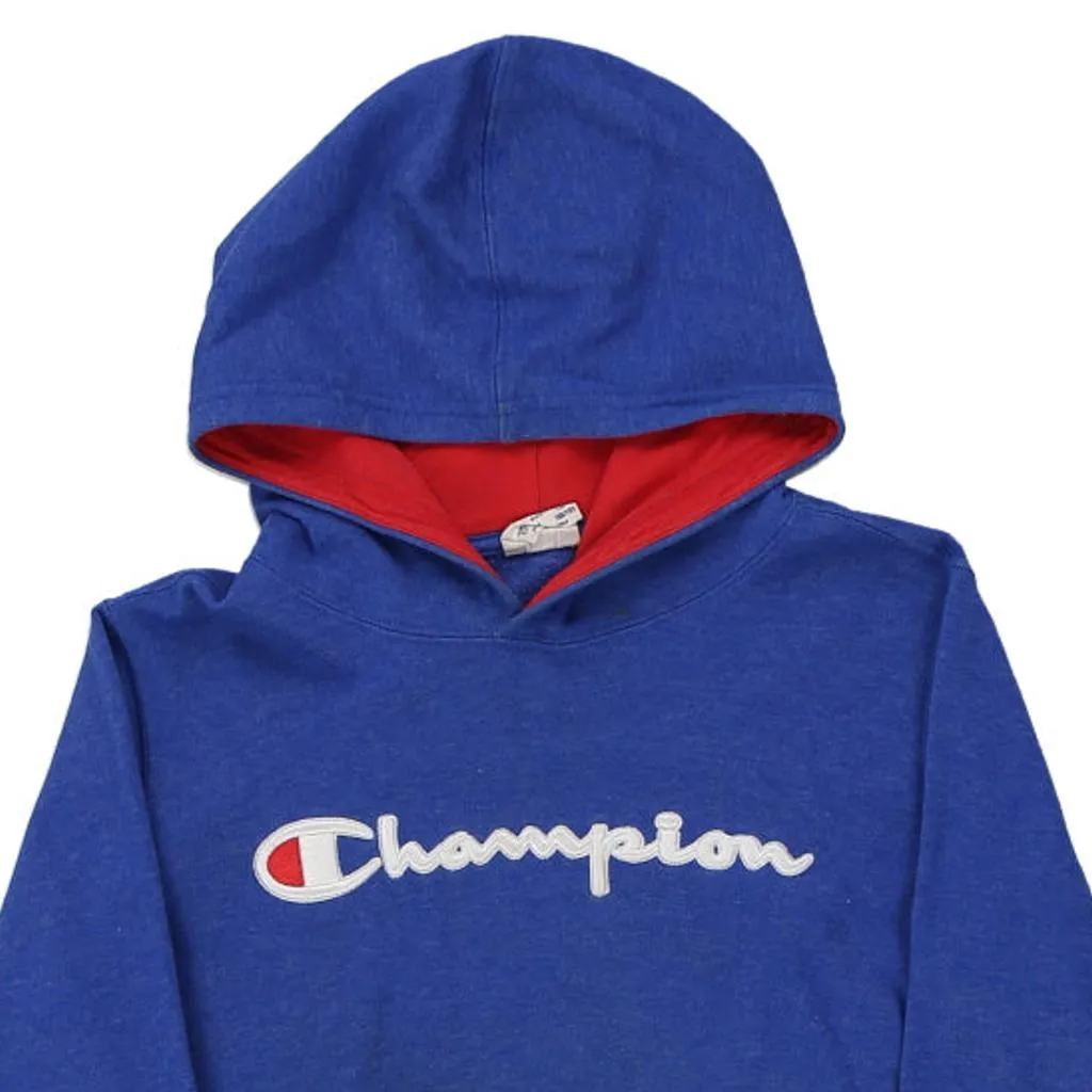 Age 11-12 Champion Spellout Hoodie - Medium Blue Cotton Blend