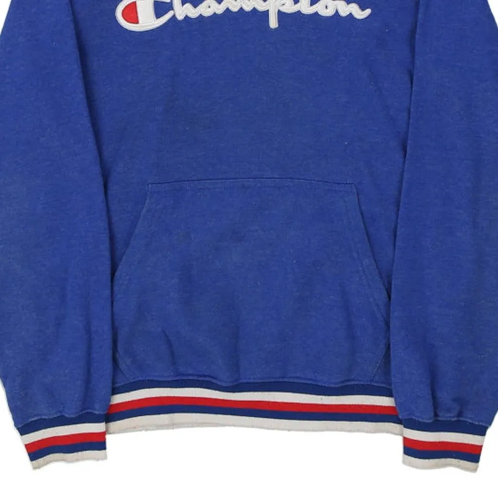 Age 11-12 Champion Spellout Hoodie - Medium Blue Cotton Blend