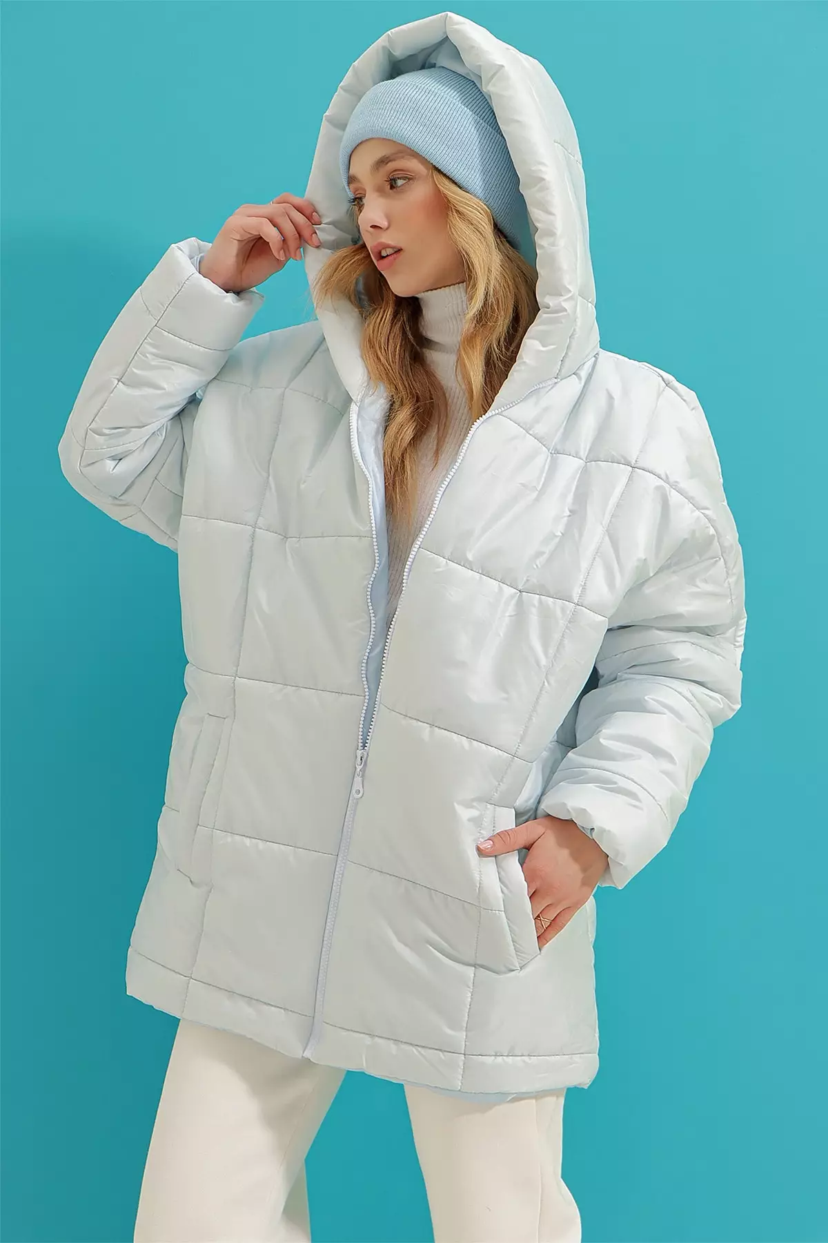 Alacati Hooded Fleece Pocket Puffer Fashion Oversize Puffy Jacket