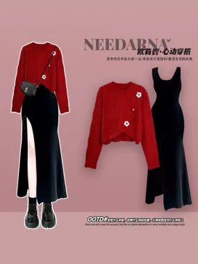 Ankelei sweater fishing style dating skirt early autumn new women's clothing Korean style atmosphere wear black dress