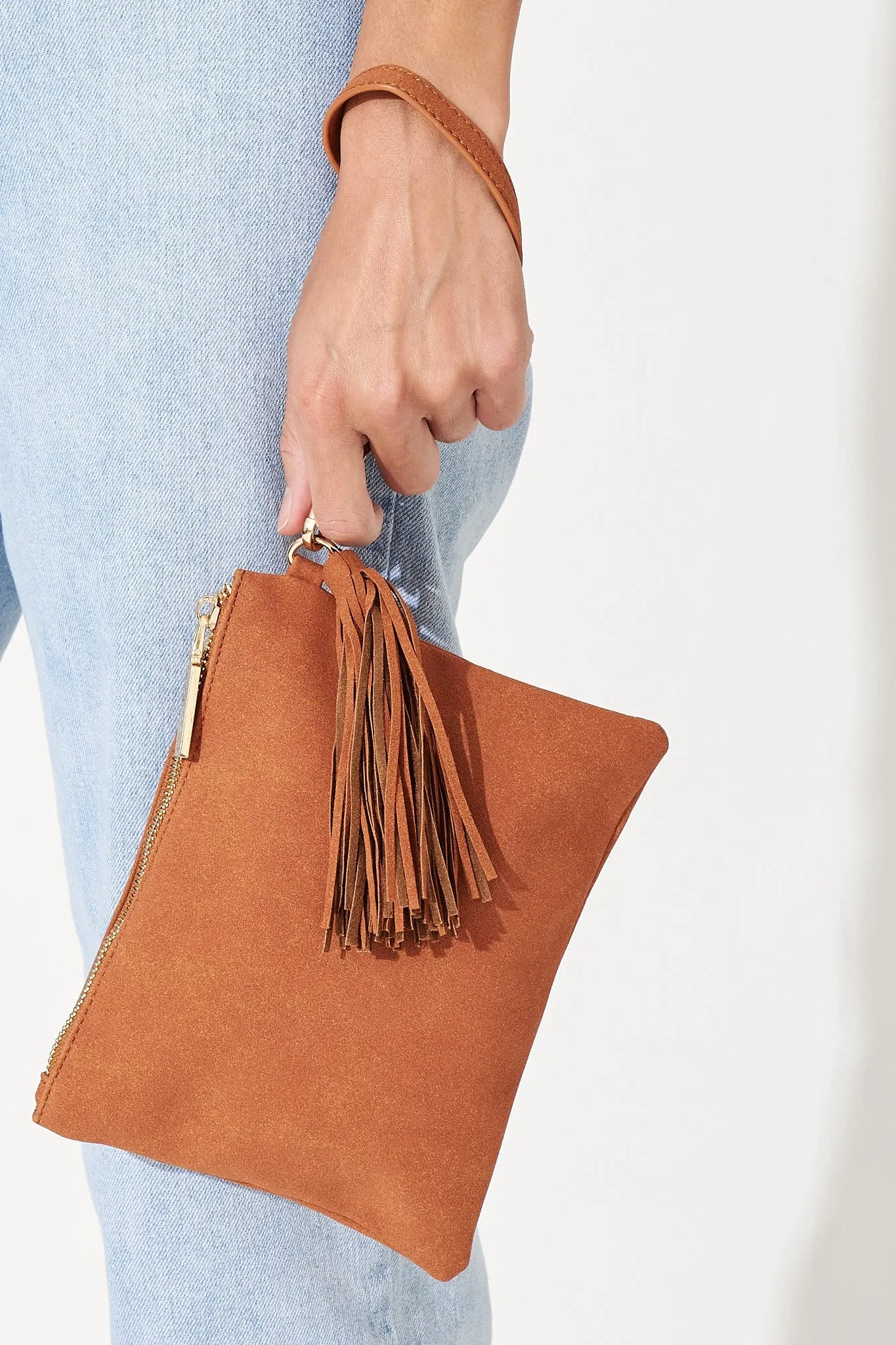 august + delilah Elithe Clutch in Tan Suede