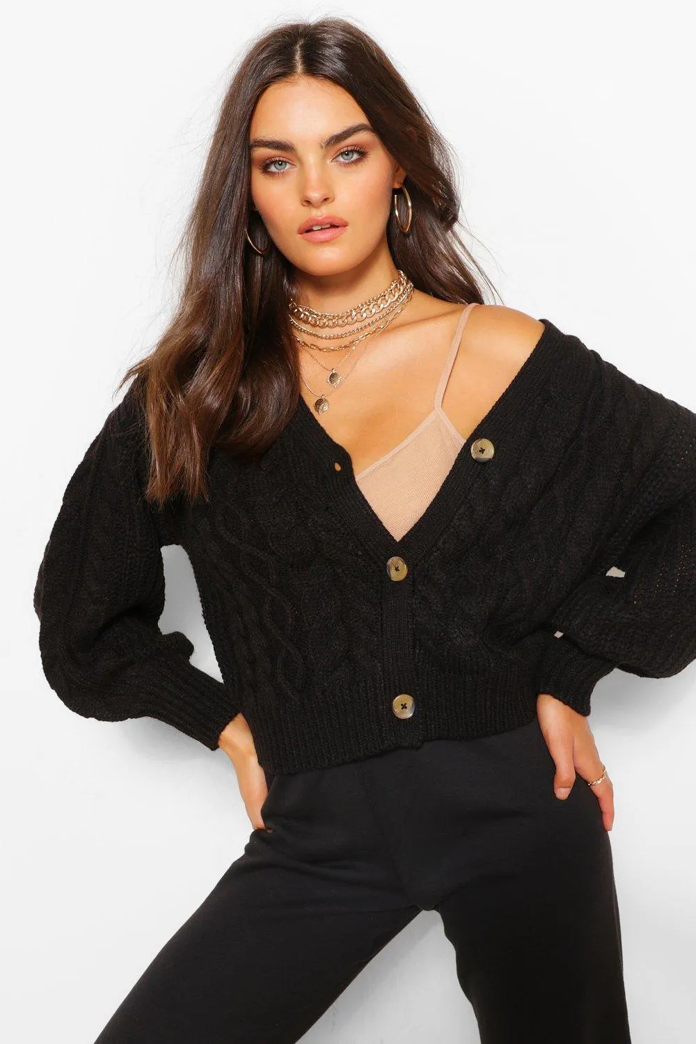 Balloon Sleeve Cable Knit Cardigan