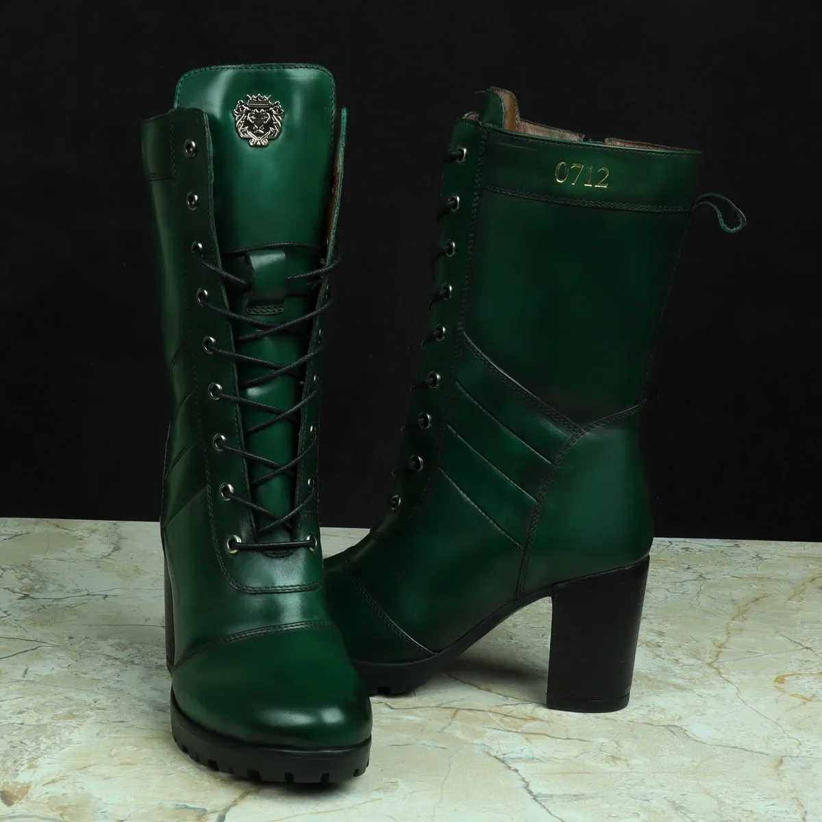 Bespoke Green Leather Long Lace Up Ladies Boots By Brune & Bareskin
