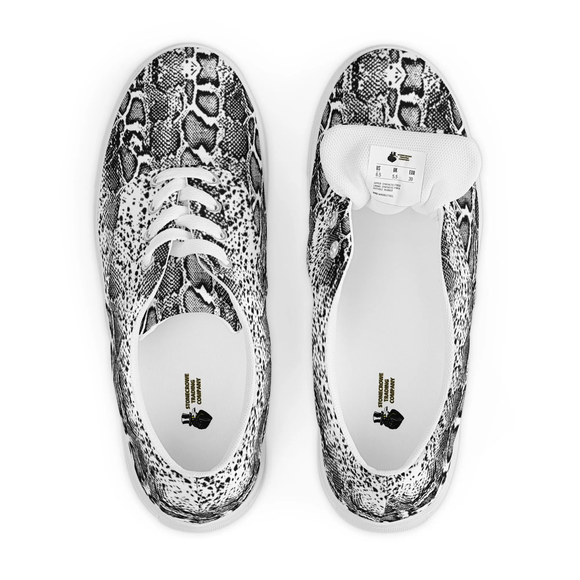 Black and White Python Skin Print Men’s Lace-Up Canvas Shoes