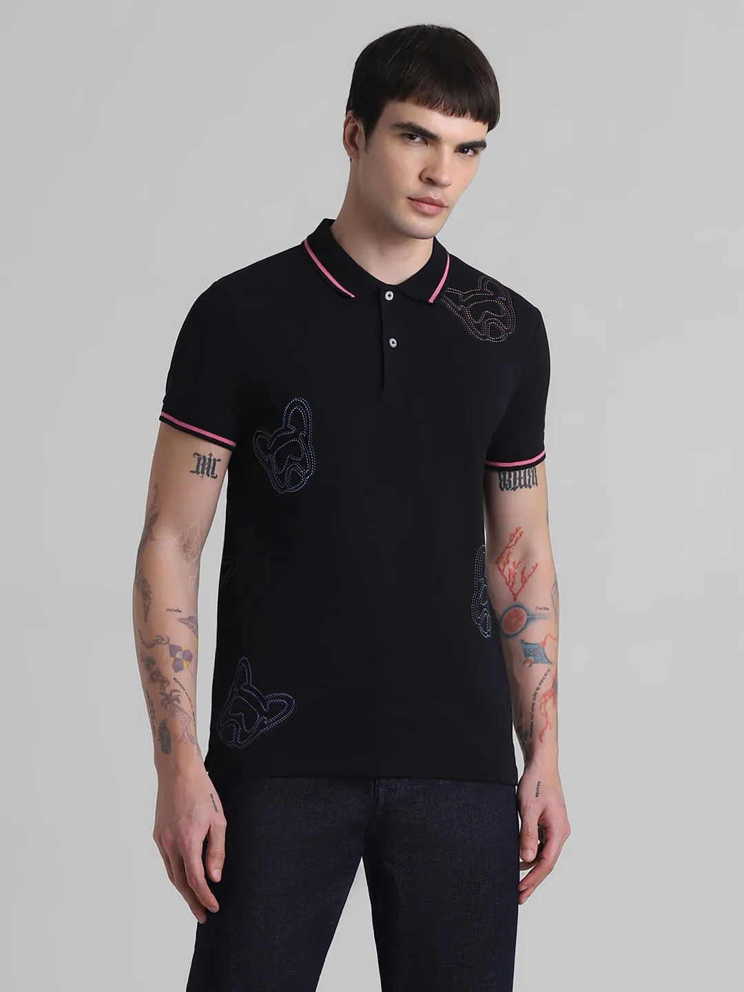 Black Doggo Print Polo T-shirt