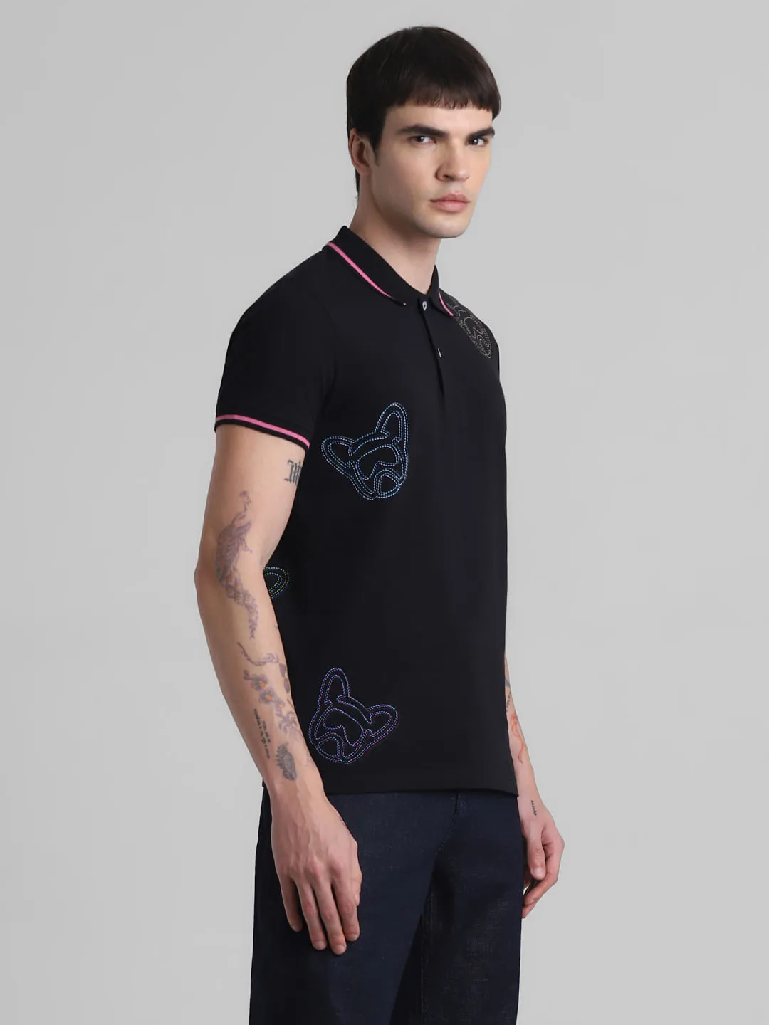 Black Doggo Print Polo T-shirt