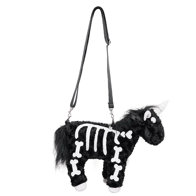 Black Women's Bag in Form Plush Unicorn with White Bones Pattern / Fashion Gothic Handbag Tote Bag