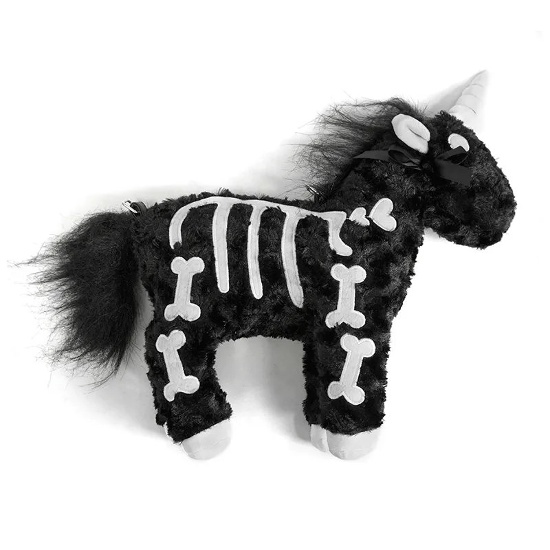Black Women's Bag in Form Plush Unicorn with White Bones Pattern / Fashion Gothic Handbag Tote Bag
