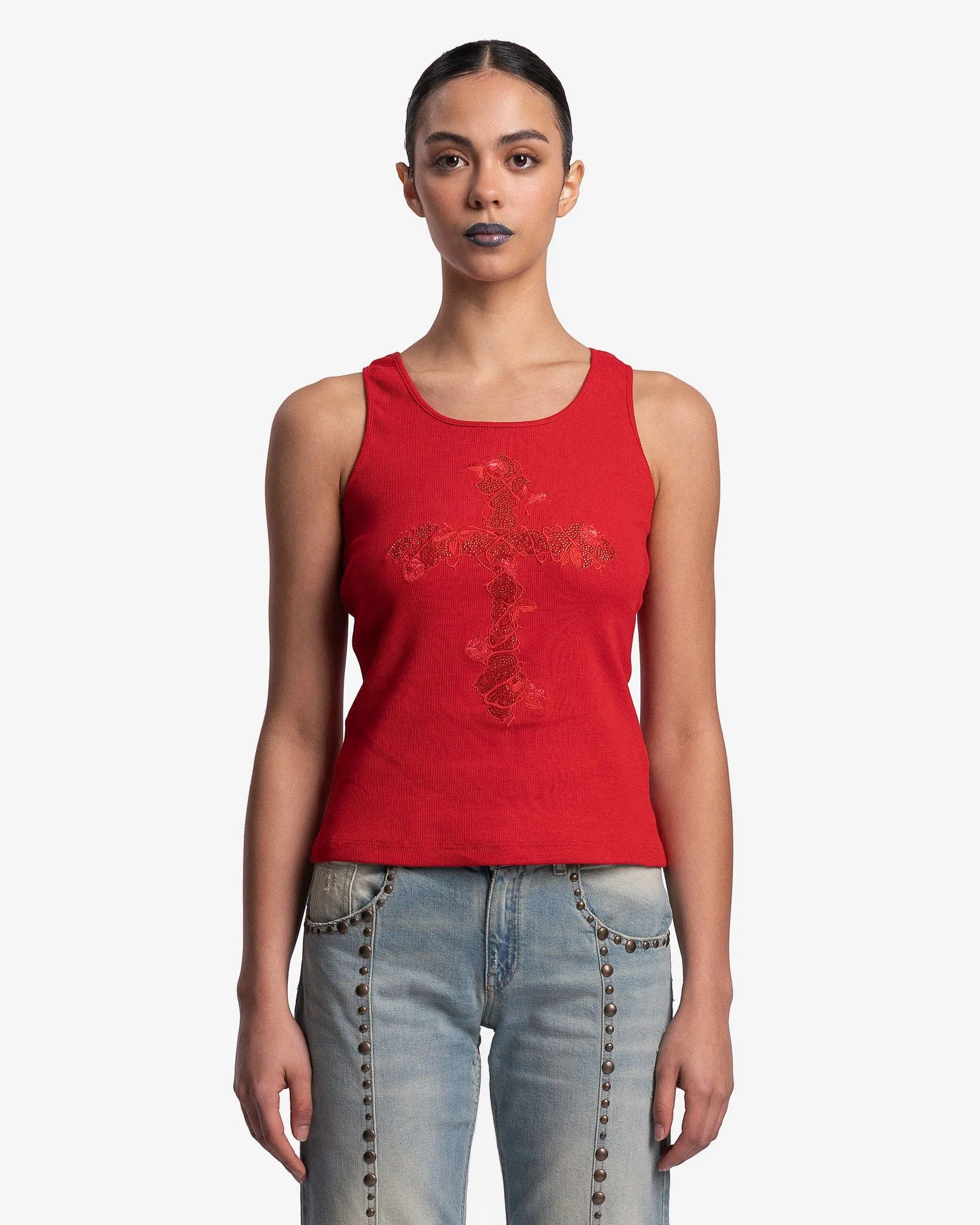 Blumarine Cross Rib Tank Top in Lipstick Red