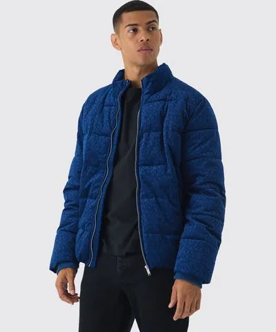 boohooMAN Mens Man Printed Velour Funnel Neck Puffer In Navy