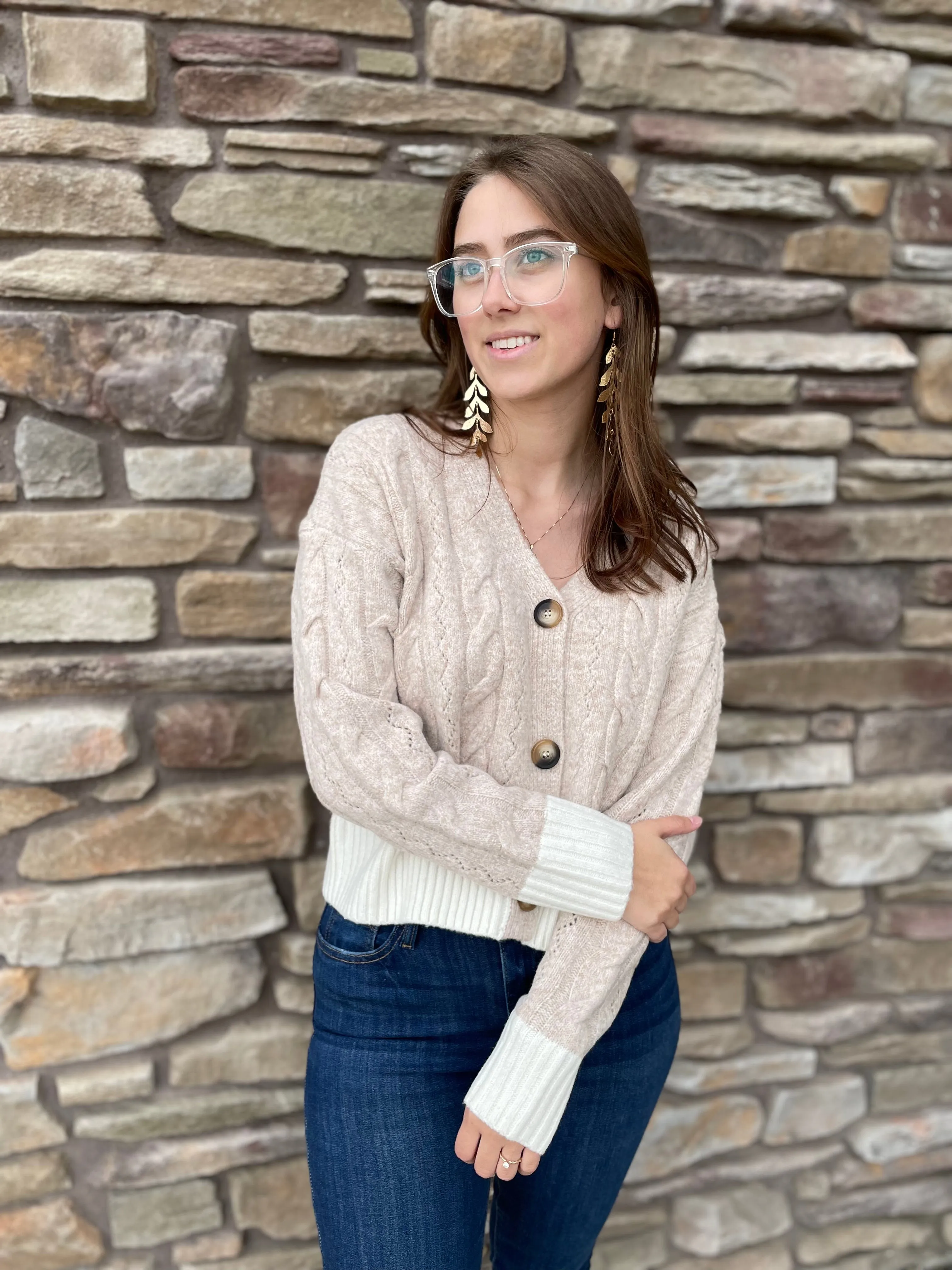 Button Down | V-Neck Cardigan | Taupe