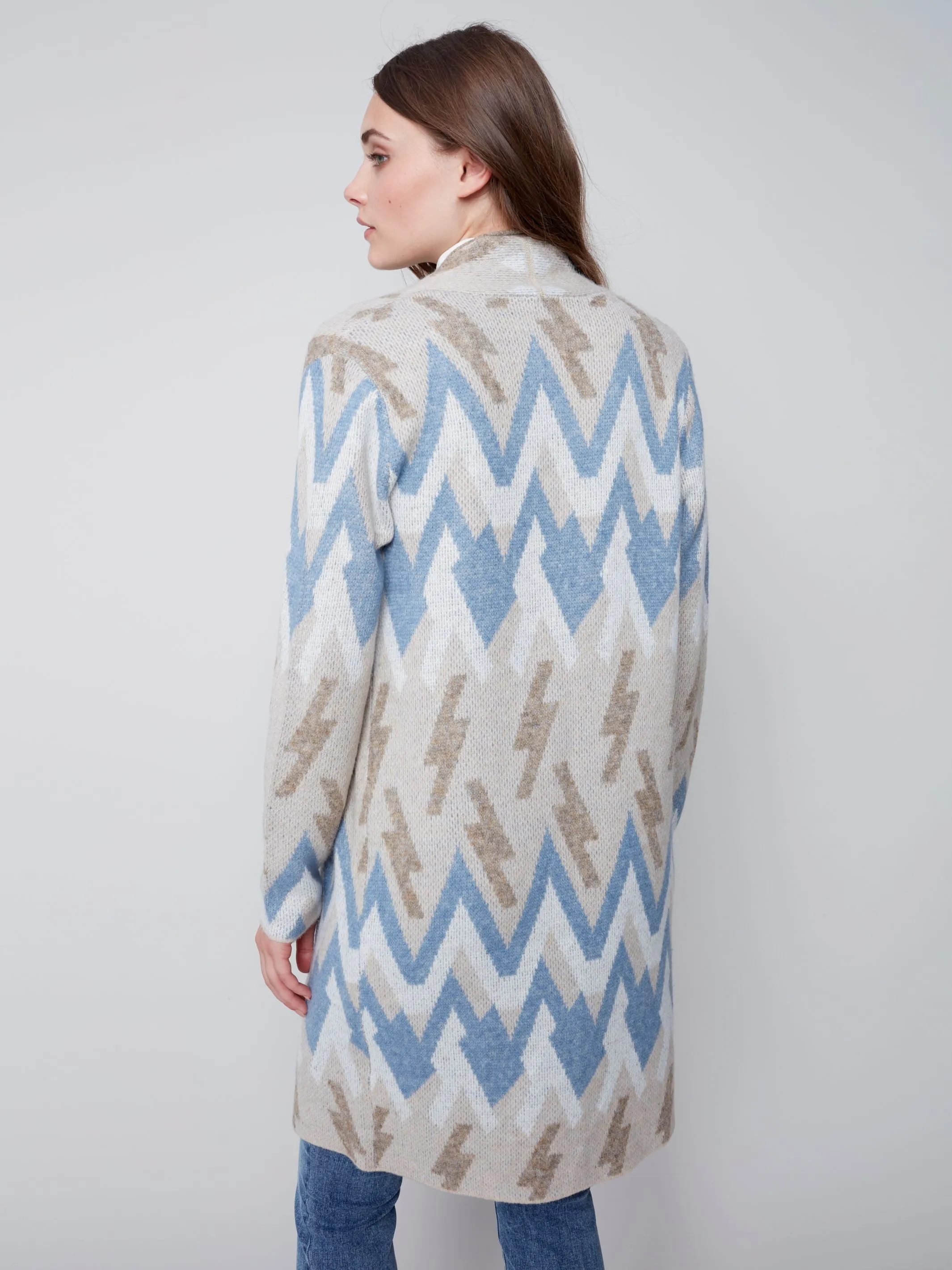 Charlie B Long Cardigan With Geometric Jacquard Pattern & Pockets