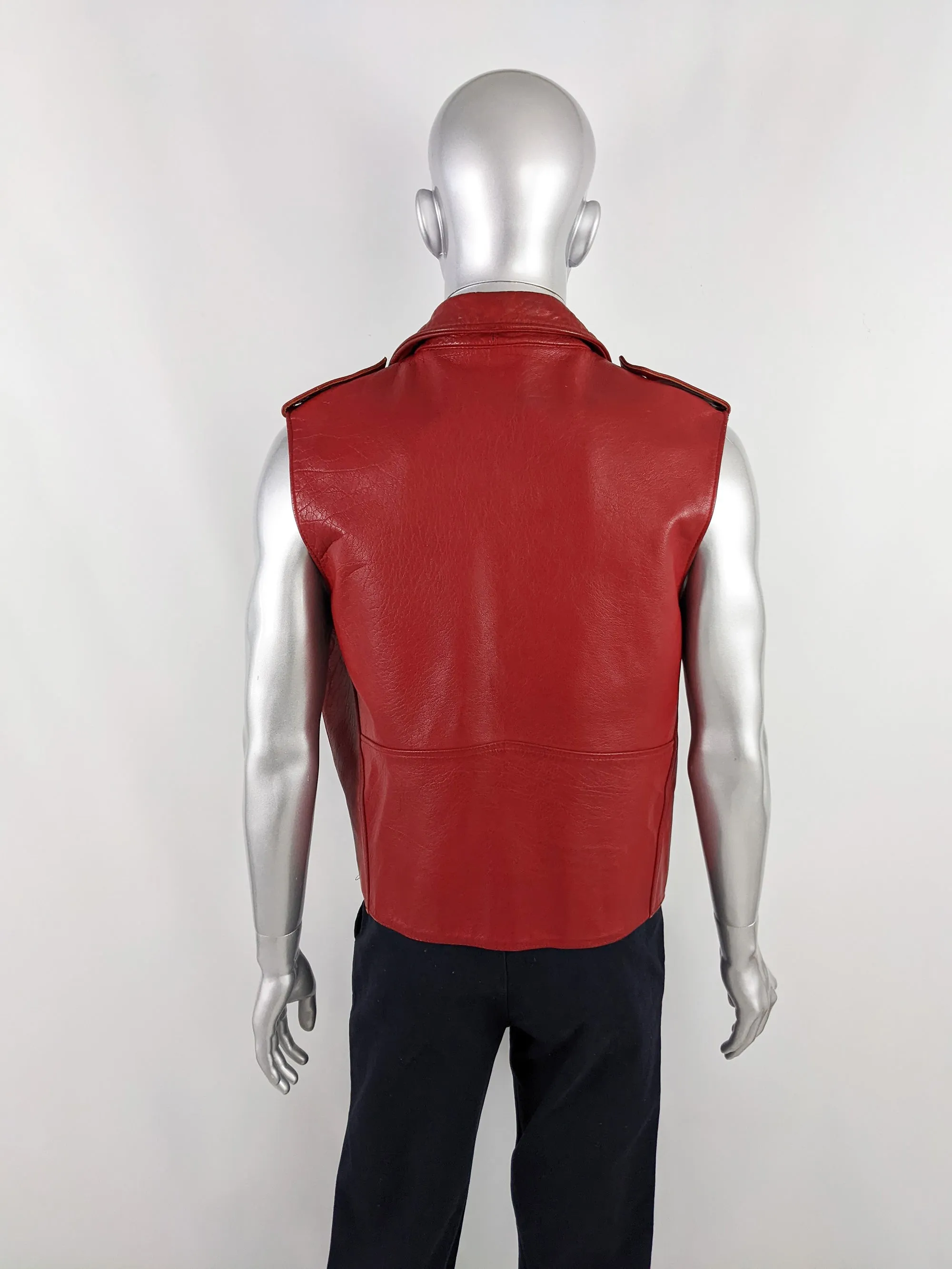 Chevignon Vintage Mens Red Leather Biker Vest, 1980s