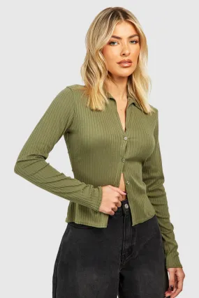 Collar Detail Rib Knit Cardigan