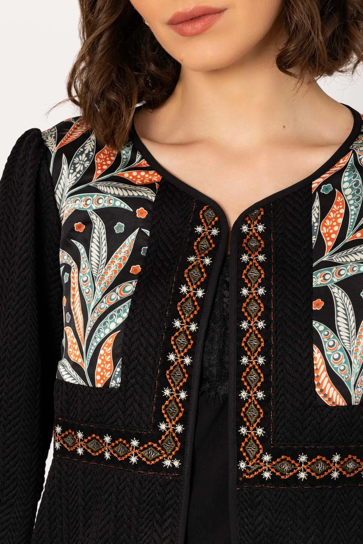 Colourful Print Detail Boho Short Jacket in Black