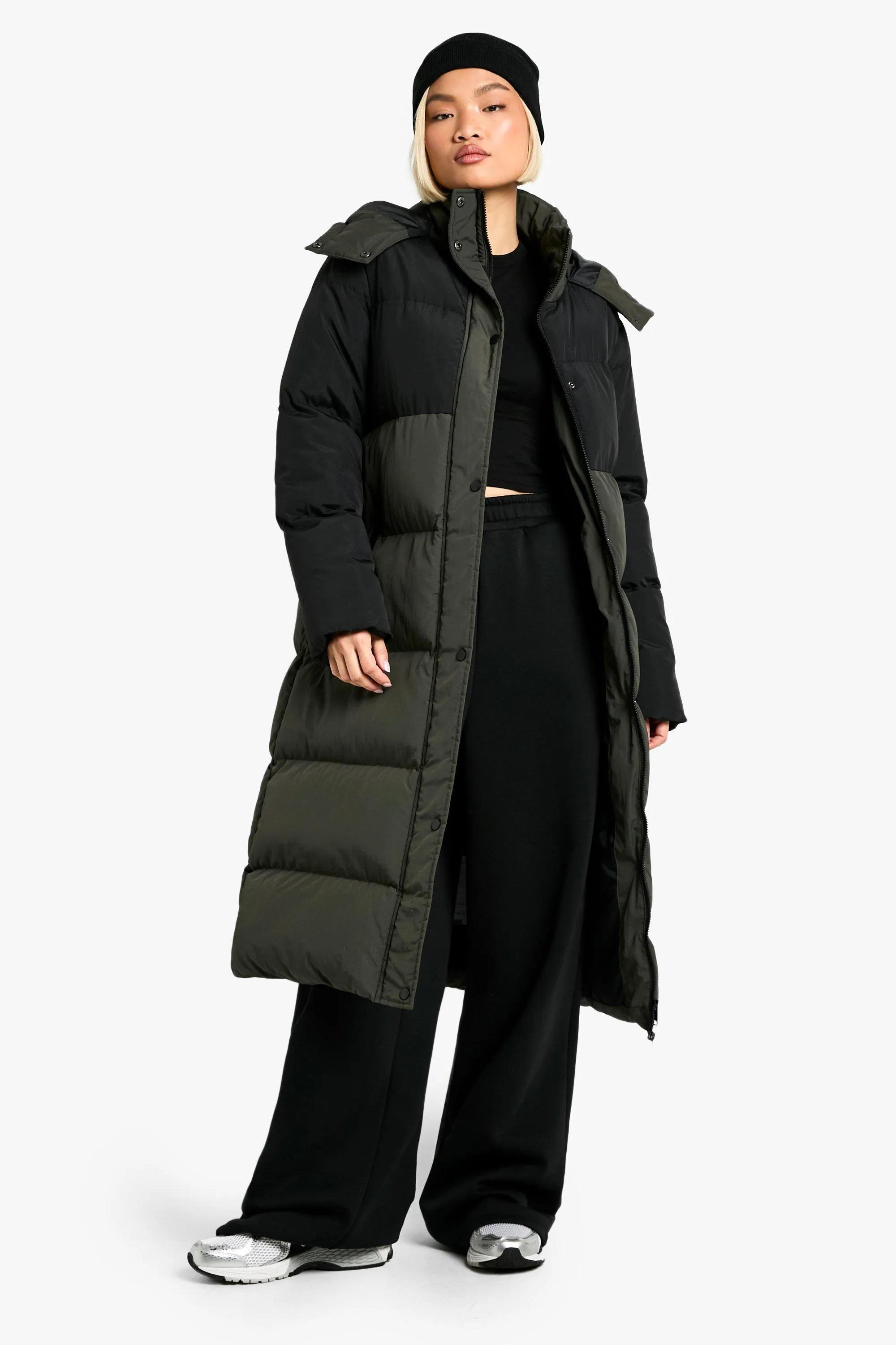 Contrast Hooded Maxi Puffer Jacket