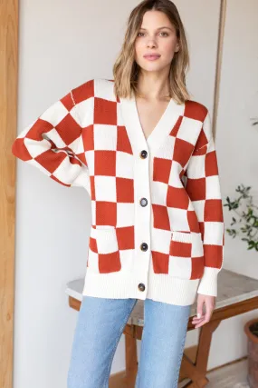 Cozy Cotton Cardigan - Ivory + Rust Check Organic