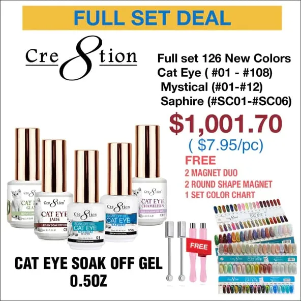 Cre8tion Cat Eye Soak Off Gel 0.5oz - Full Set 126 Colors - Cat Eye colors ( #01 - #108). Mystical Collection (#01-#12) & Saphir