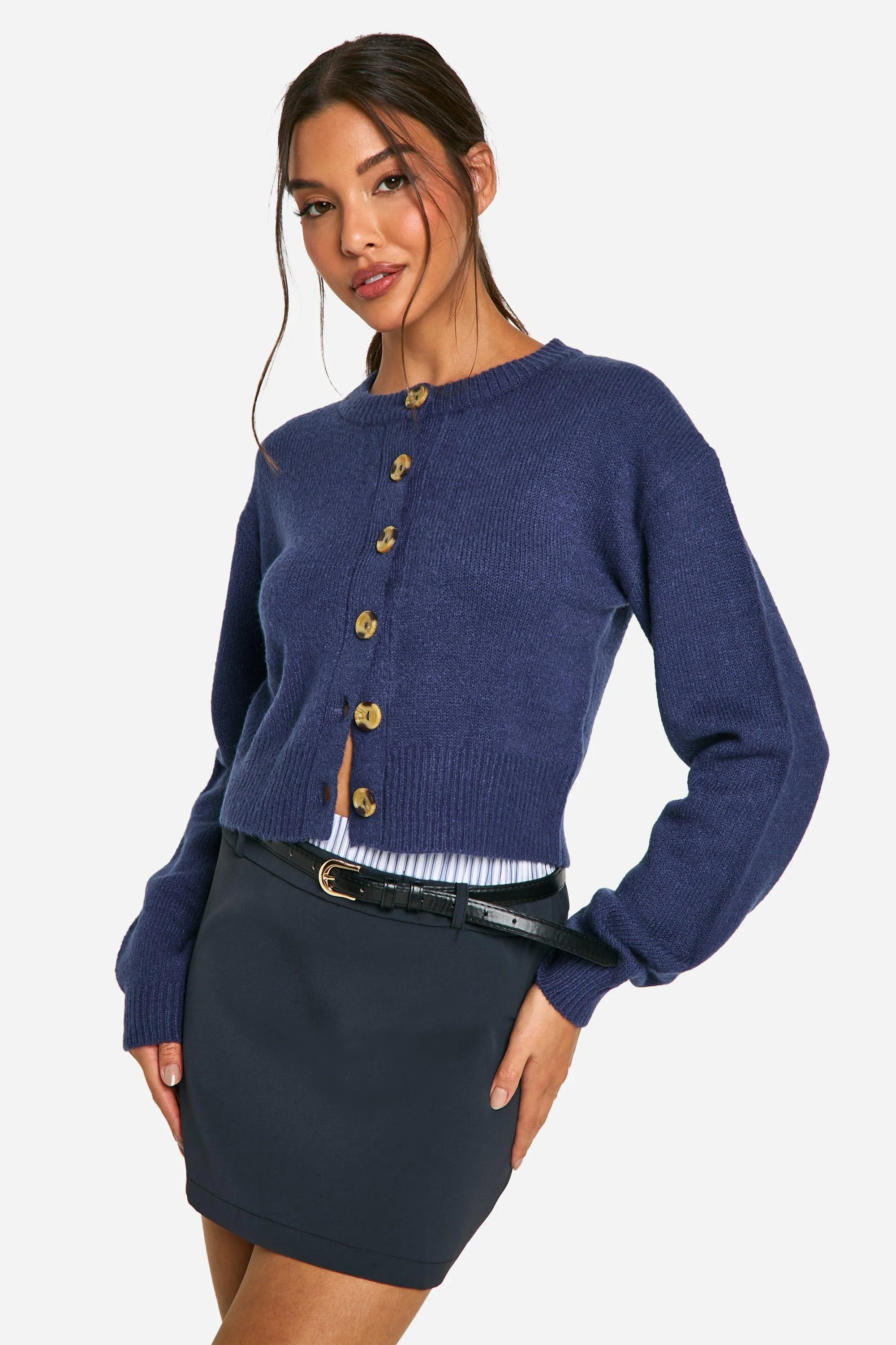 Crew Neck Puff Sleeve Soft Knit Micro Cardigan