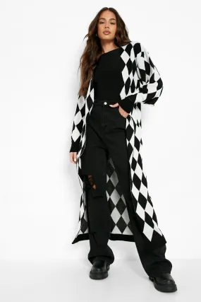 Diamond Check Balloon Sleeve Maxi Cardigan
