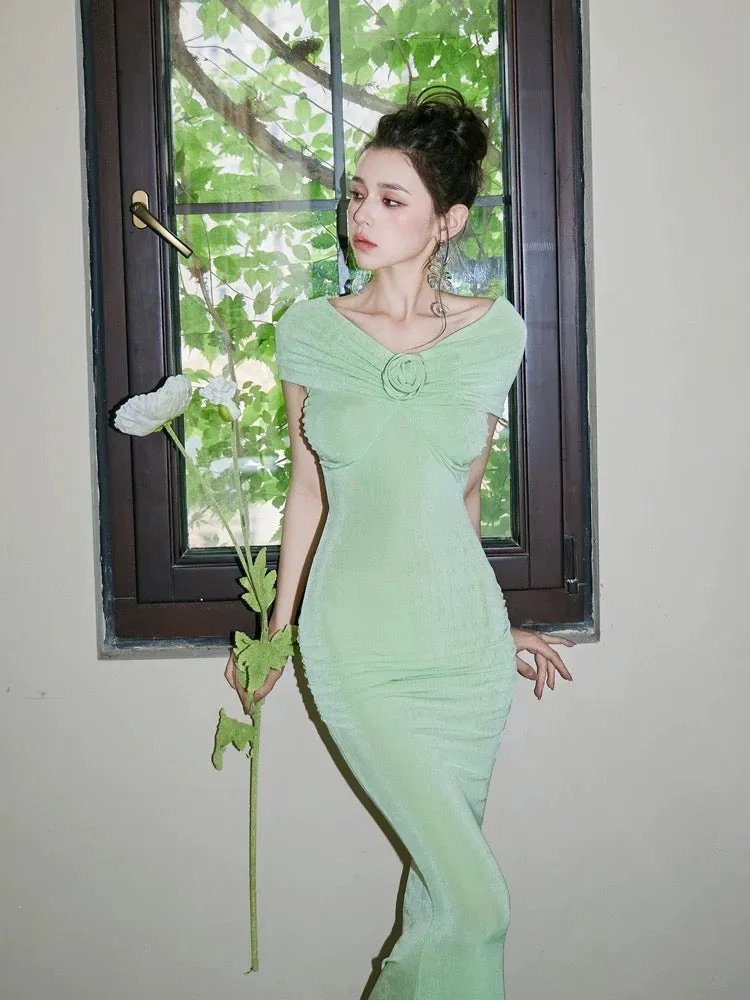 DOLLYTANG whitening bud green one-line shoulder bag hip dress soft and skin-friendly figure-showing mini dress