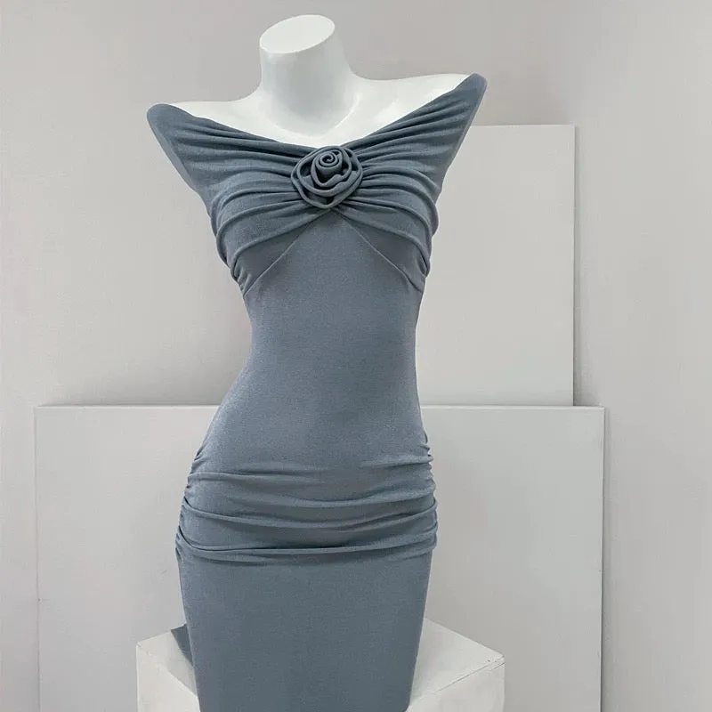 DOLLYTANG whitening bud green one-line shoulder bag hip dress soft and skin-friendly figure-showing mini dress