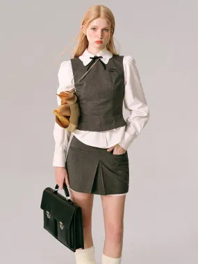 Embroidery Slim Short Vest ＆Tuck Mini Skirt
