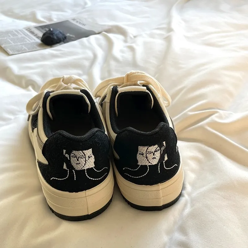 Face Embroidery Aesthetic Black Sneakers