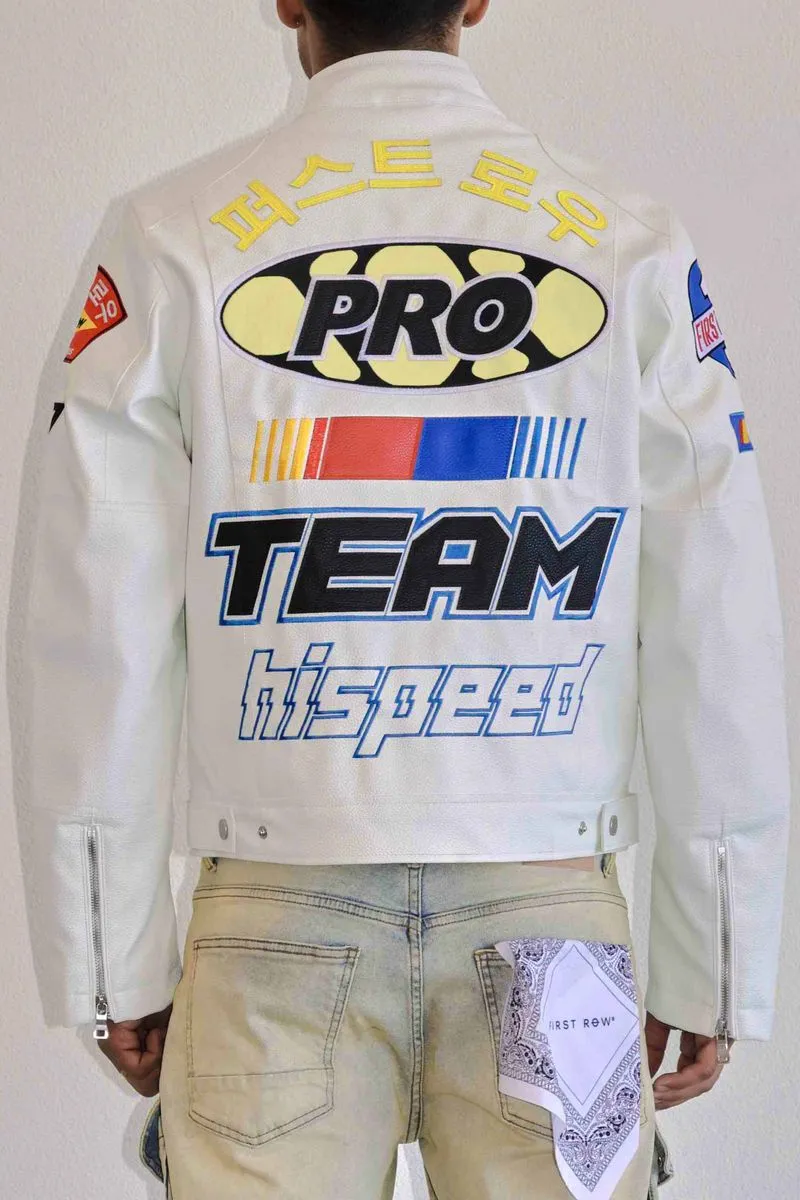 First Row Motor Racing Leather White Jacket 