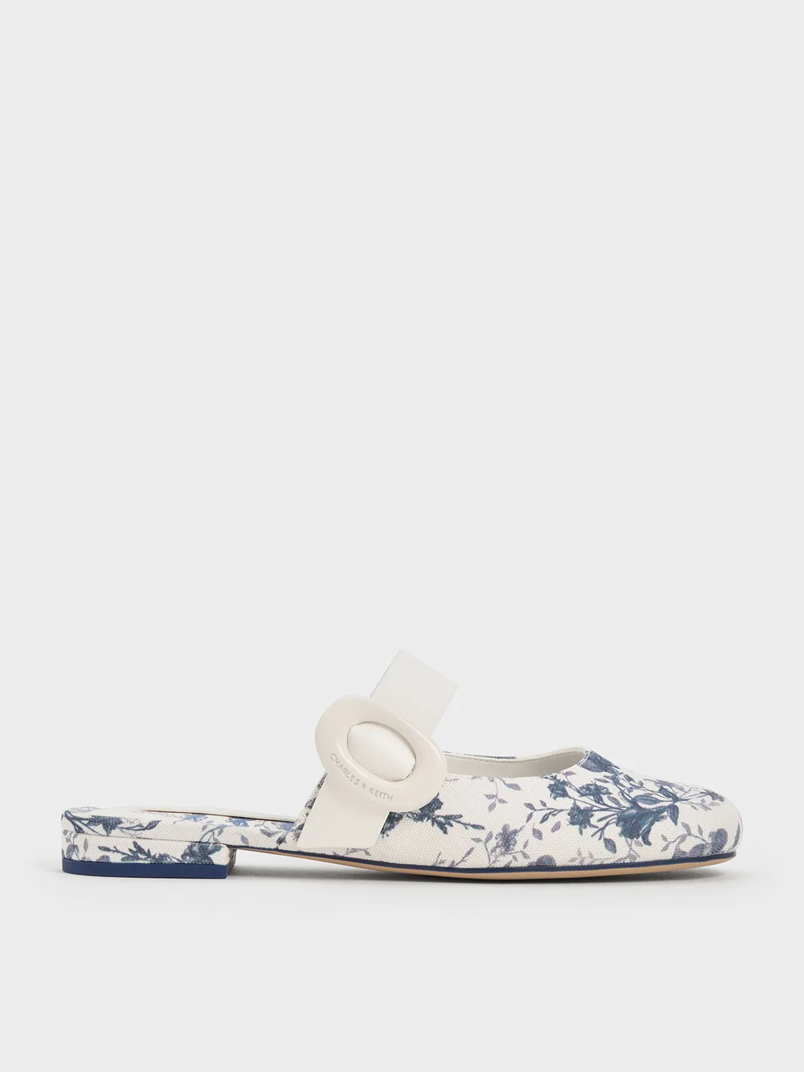 Floral-Print Oval-Buckle Flat Mules - Dark Blue