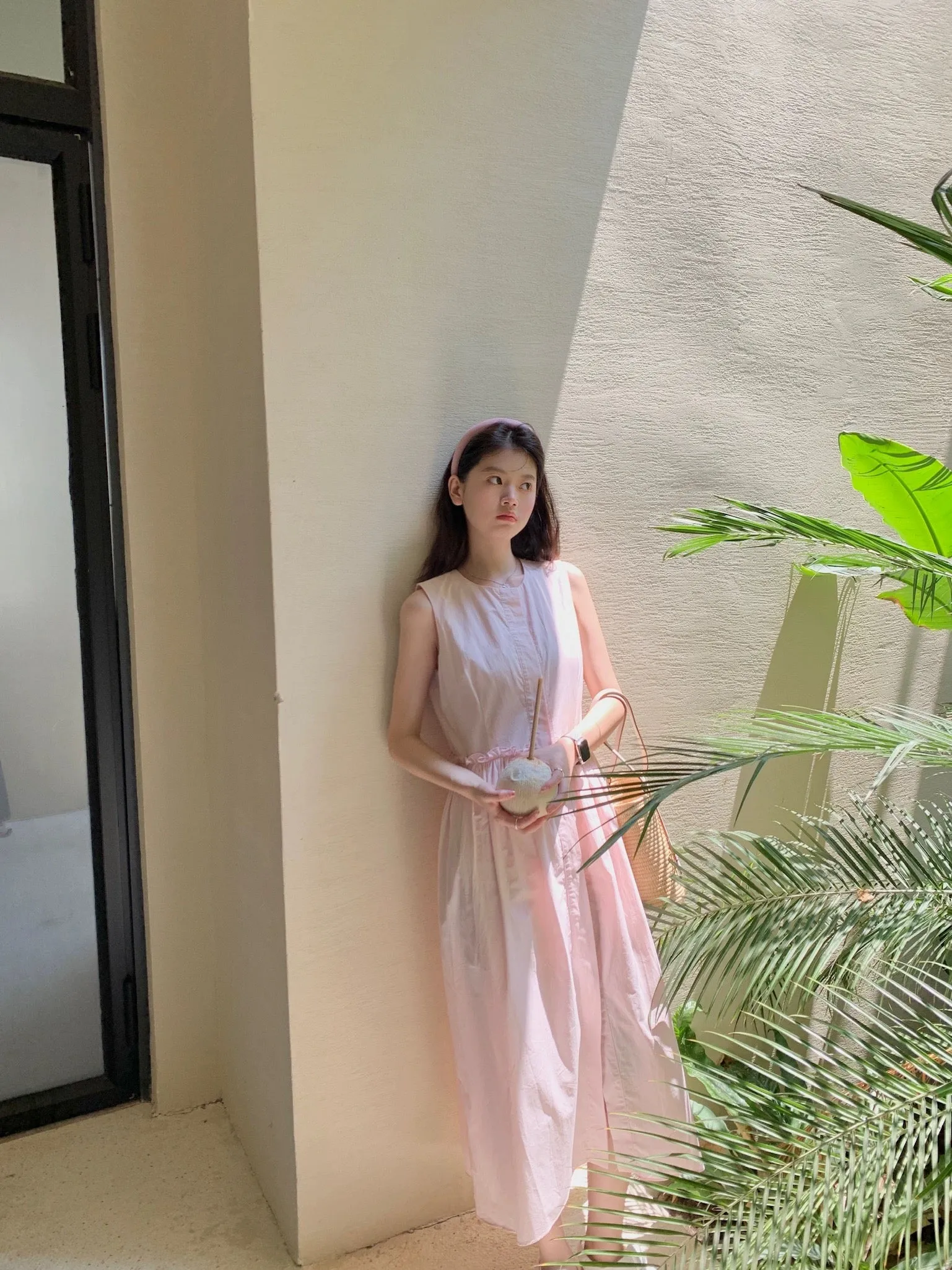 freshtaro Cream Pink Simple Round Neck Sleeveless Cotton Dress 2024 Women's Summer Vest Long Dress
