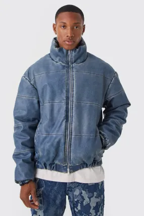 Funnel Neck Boxy Denim Look Pu Puffer