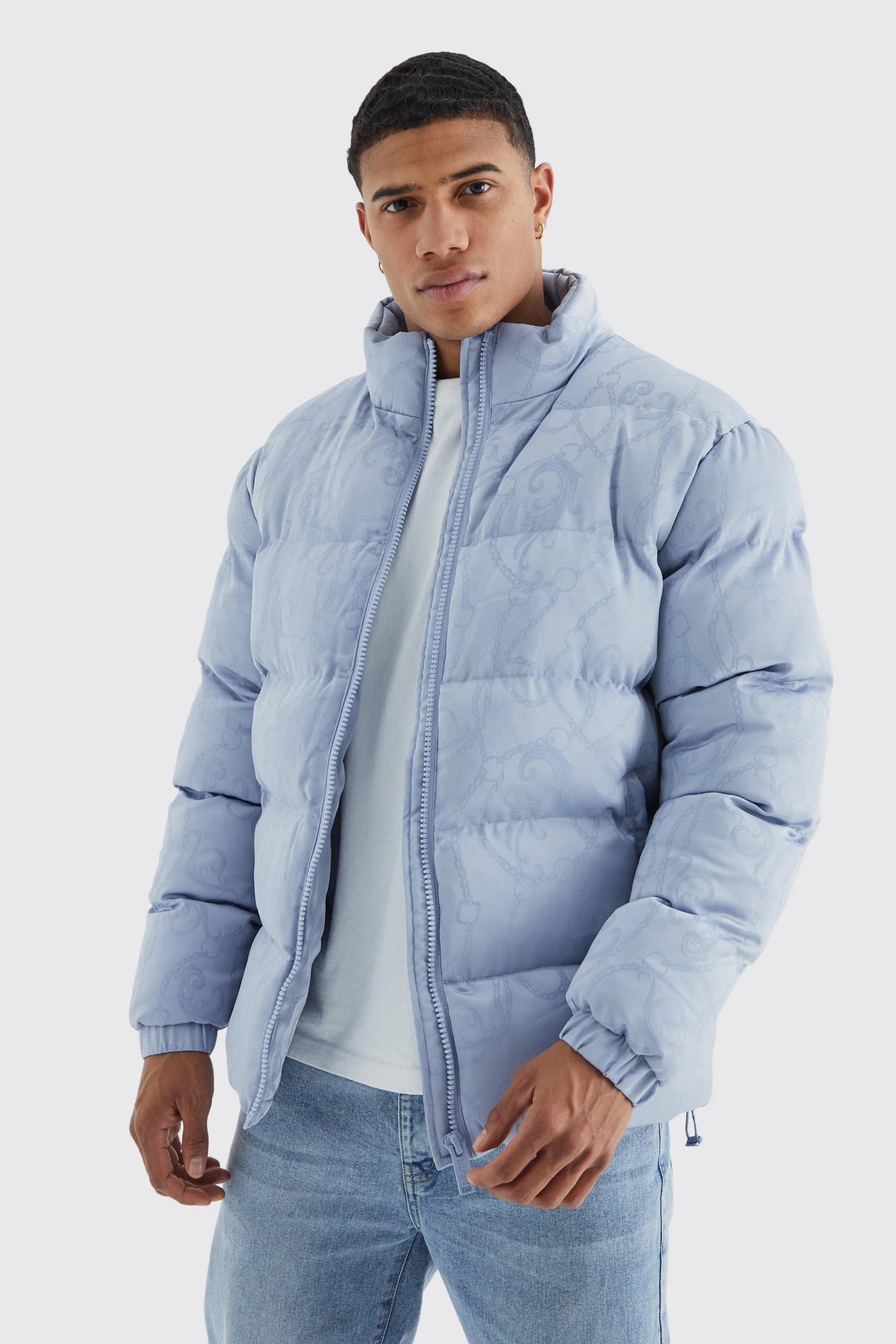 Funnel Neck Satin Chain Print Puffer
