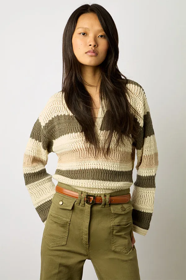 Gerard Darel LEA STRIPED OPENWORK COTTON POLO SWEATER