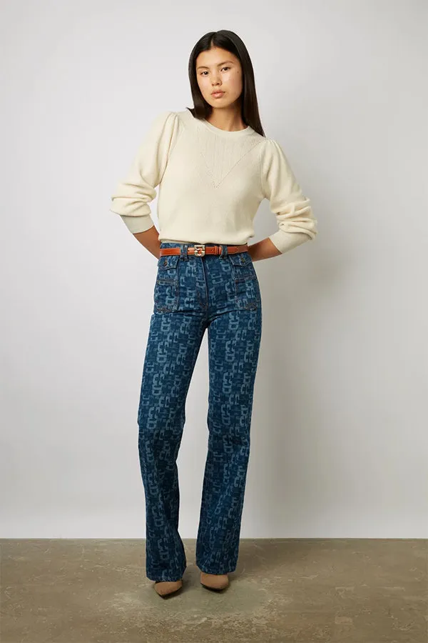 Gerard Darel LEONORA ECRU OPEN STITCH FITTED WOOL SWEATER