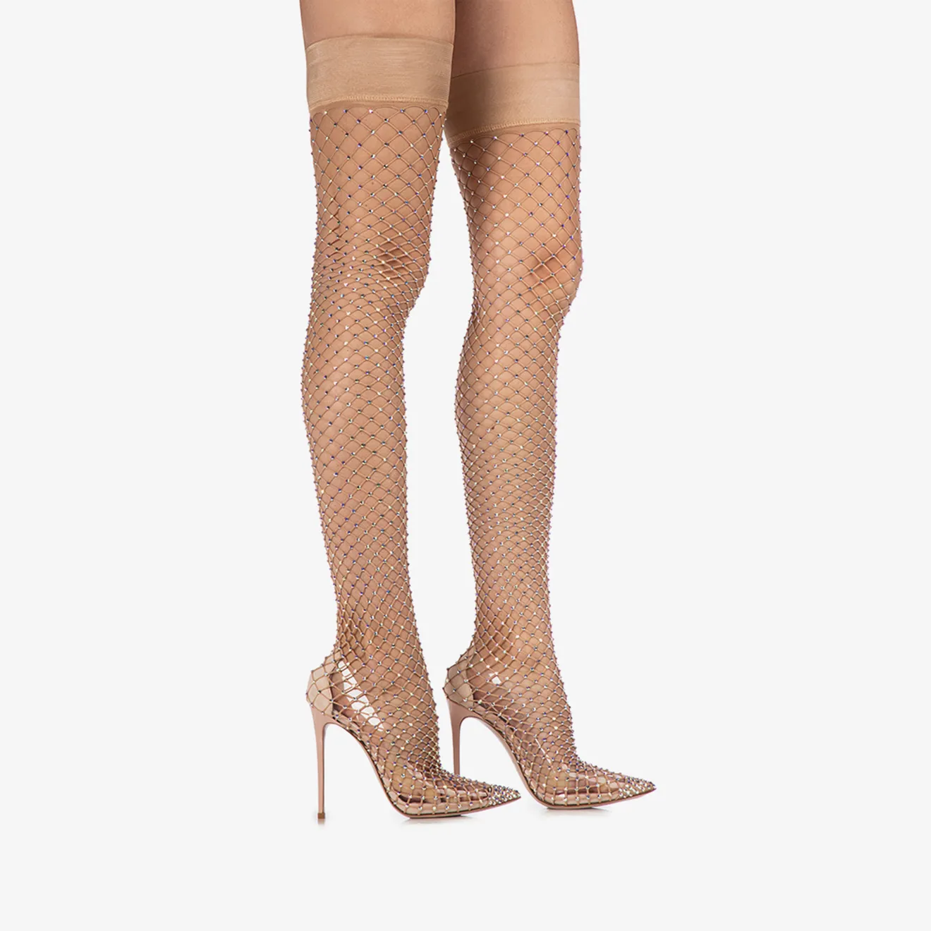 GILDA THIGH-HIGH BOOT 120 mm Skin nude fishnet over-the-knee boot with Crystals