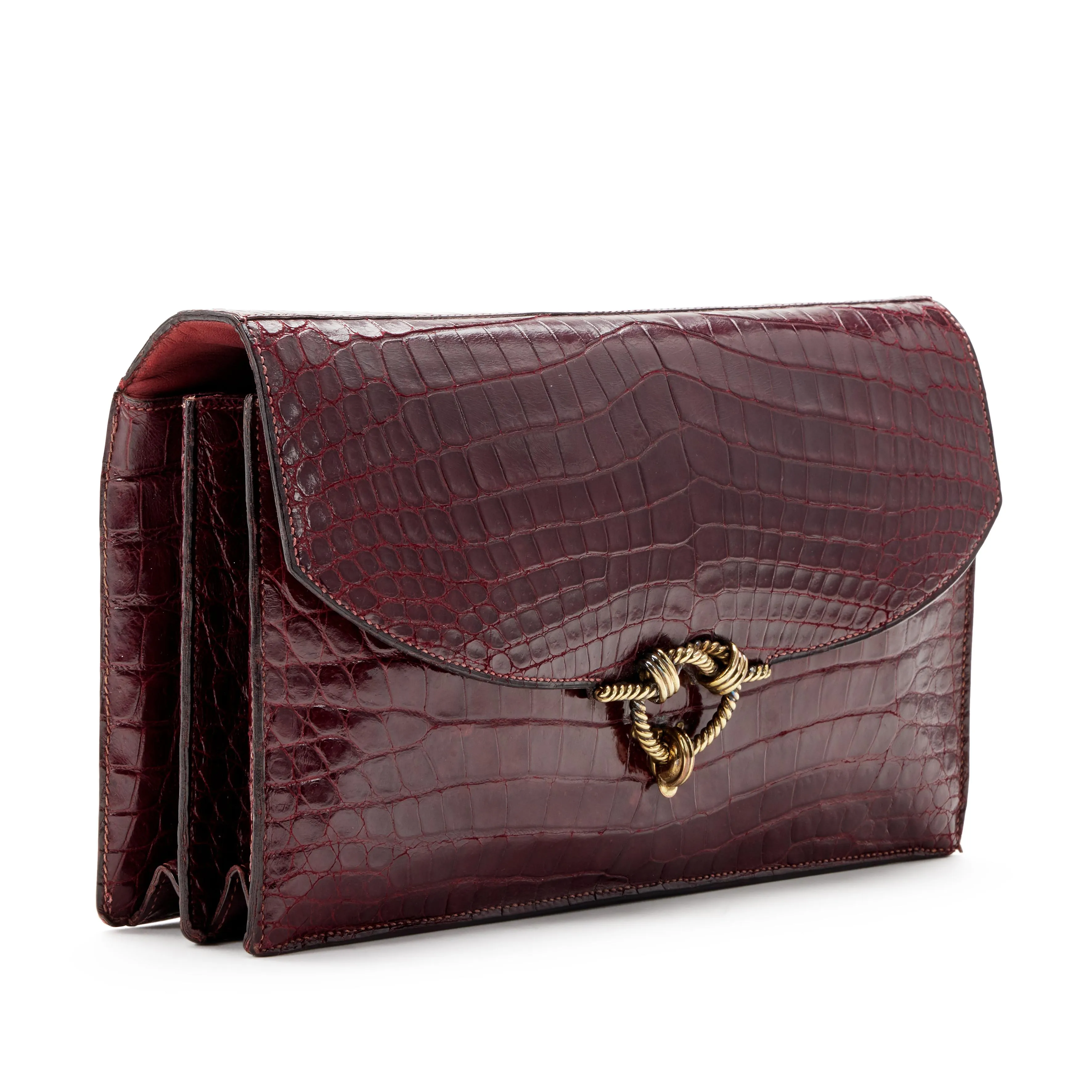 Hermès Burgundy Crocodile Cordeliere Clutch Gold Hardware, 1957