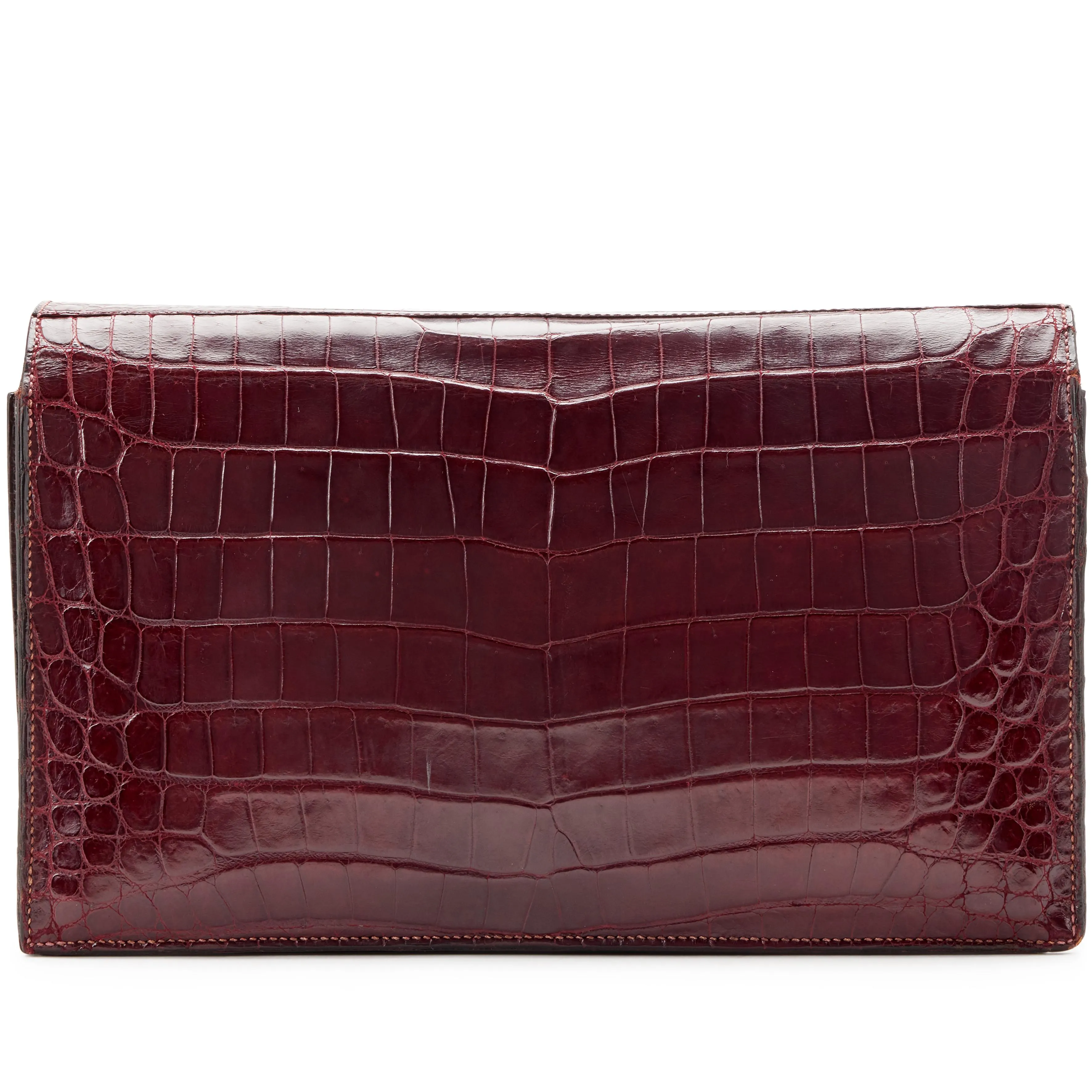 Hermès Burgundy Crocodile Cordeliere Clutch Gold Hardware, 1957