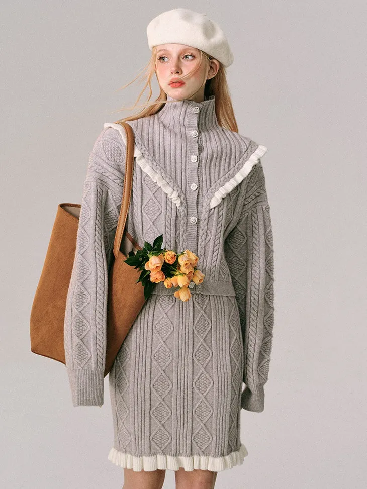 High Neck Crocheted Wood Ear Knitted Cardigan & Skirt