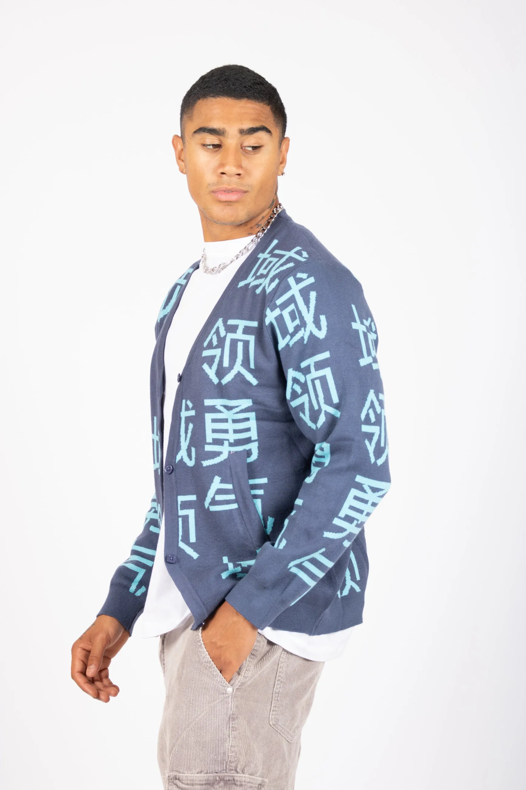 Japanese Text Knitted Blue Cardigan