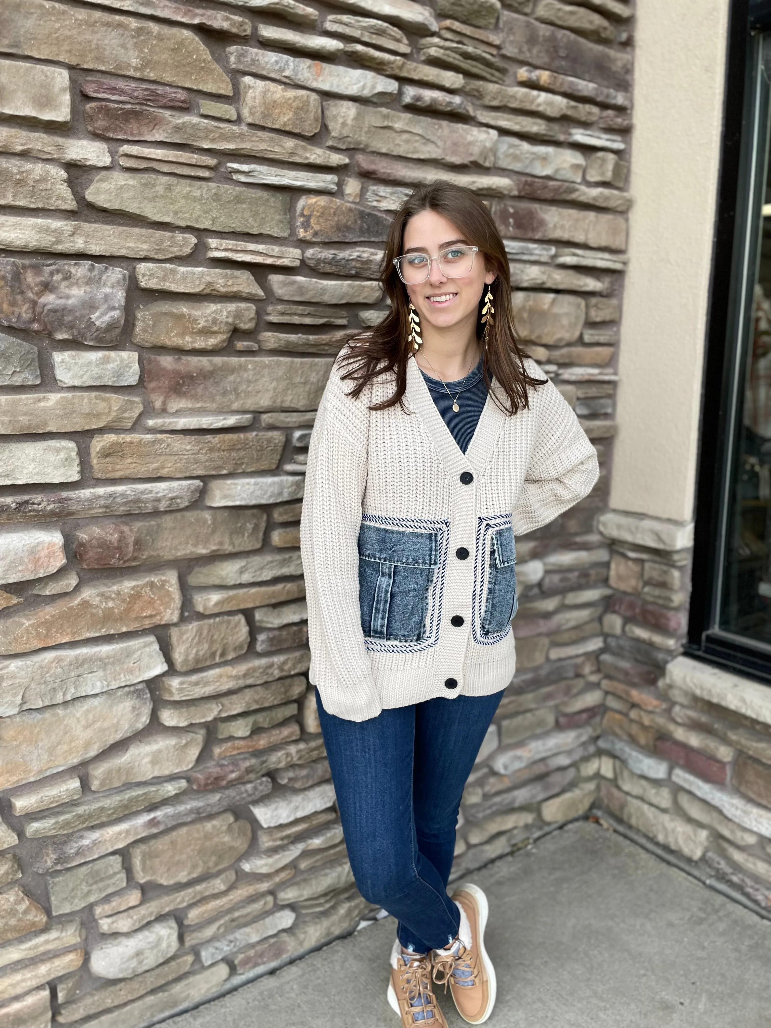 Knit Cardigan | Denim Pockets | Oatmeal