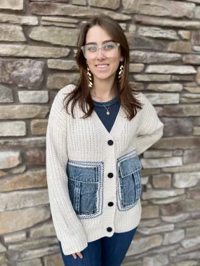 Knit Cardigan | Denim Pockets | Oatmeal