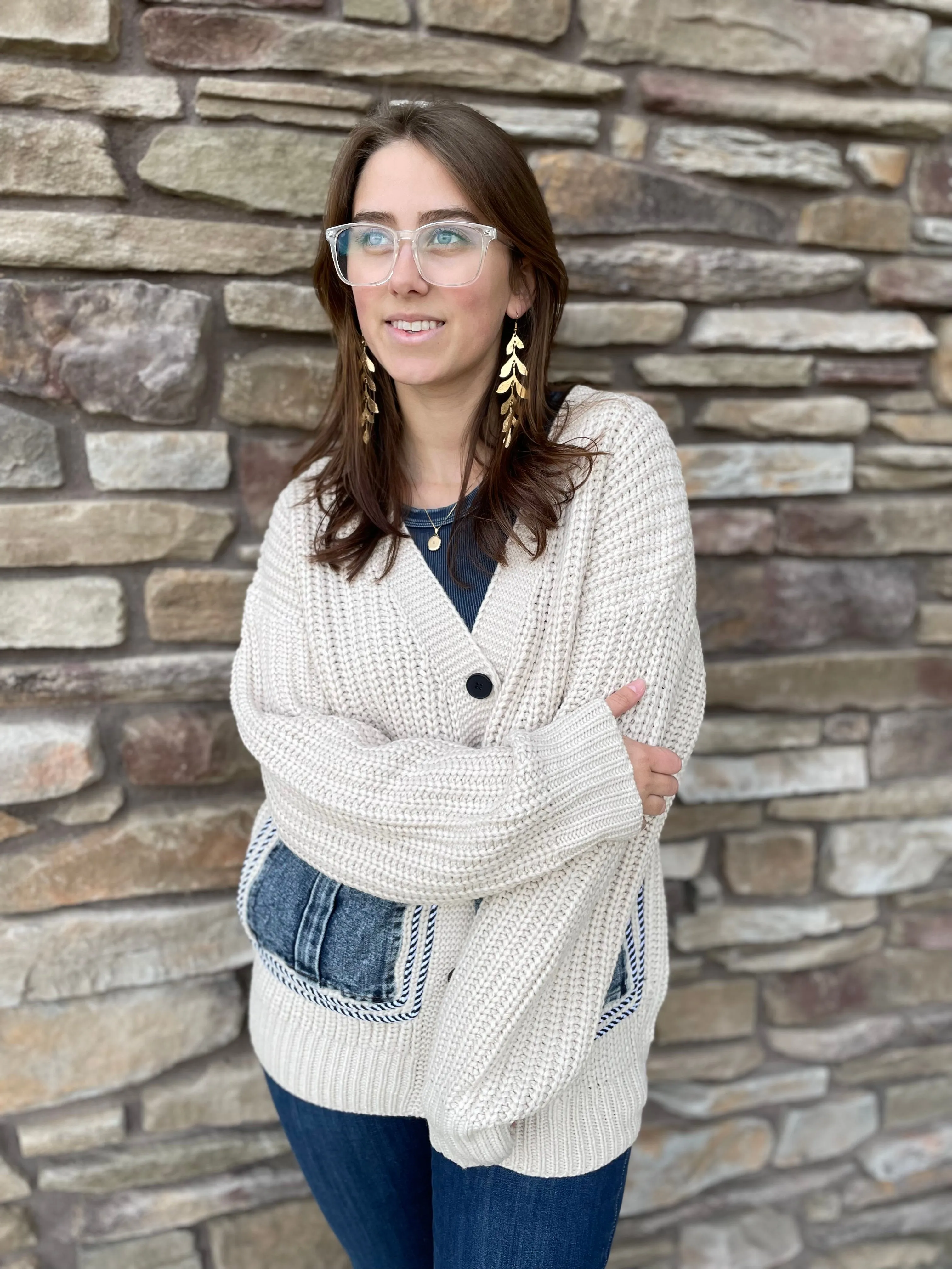 Knit Cardigan | Denim Pockets | Oatmeal