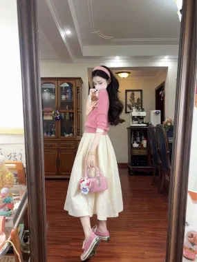 Korean style pink knitted cardigan wear a complete set of half-length dress women 2024 autumn new long skirt suit
