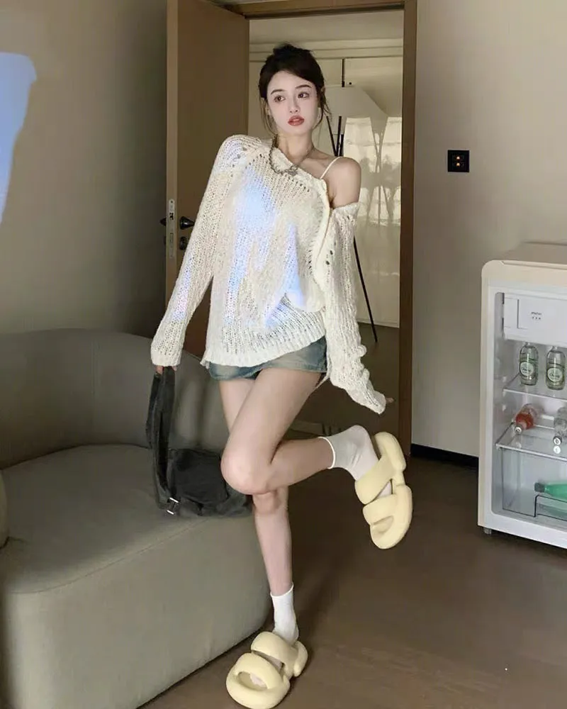 Korean style sexy hottie hollow sweater for women 2023 autumn pure desire loose and slim mid-length long-sleeved top