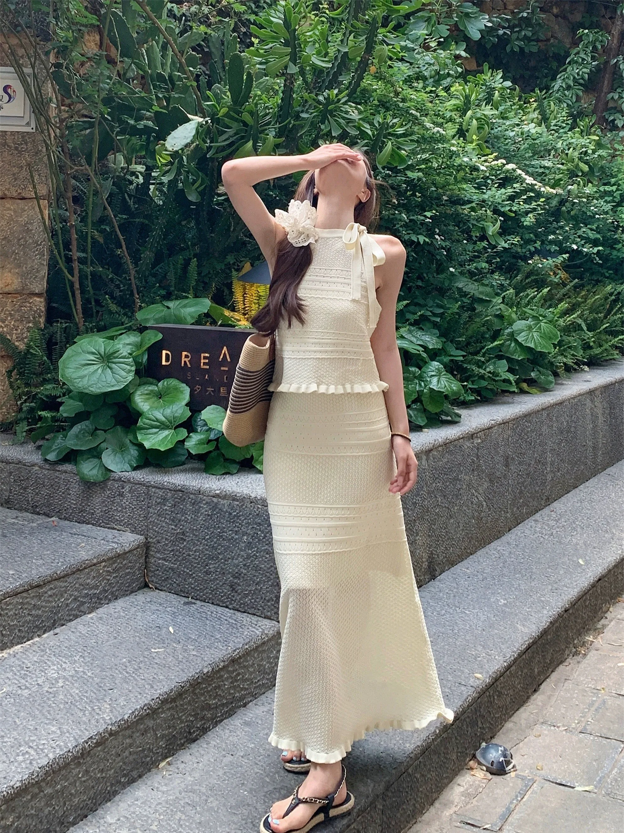 kumikumi suit women's butterfly lace crochet hollow vest summer high-waist temperament A-line skirt two-piece set