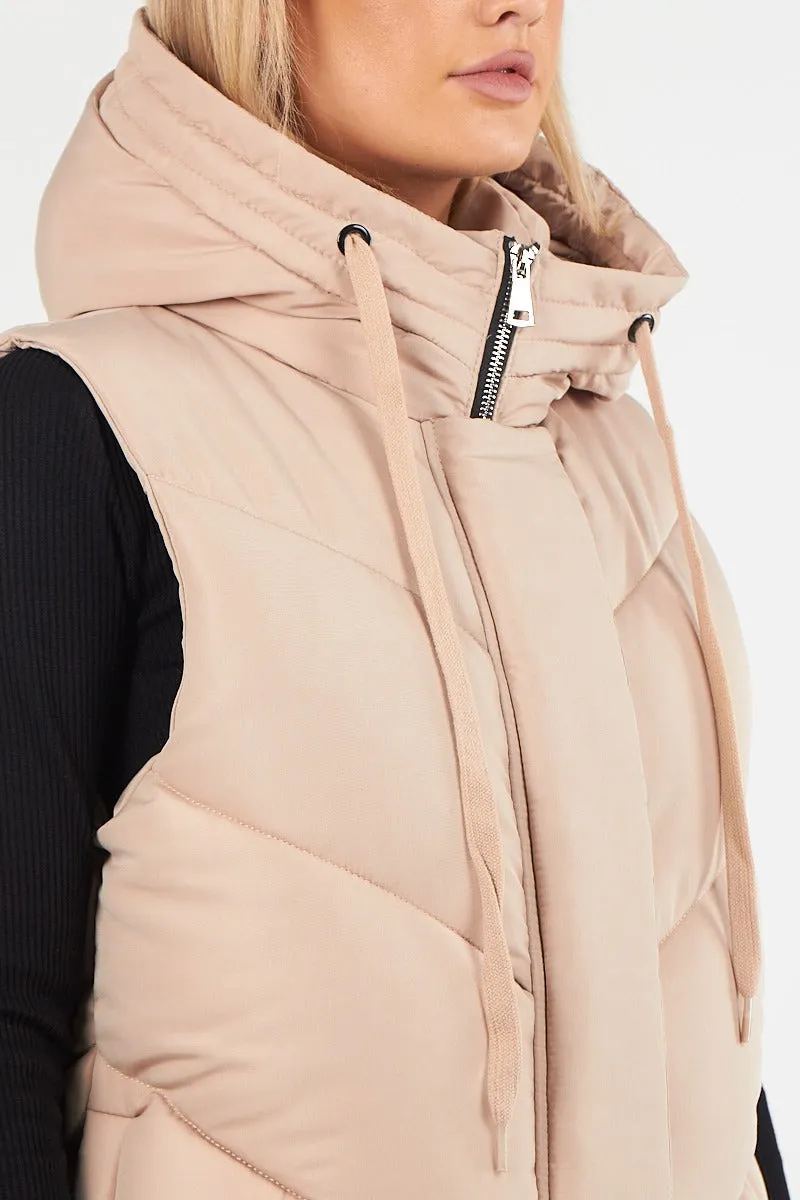 LADIES LONG PADDED HOODED VEST JACKET-BEIGE